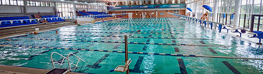 Photograph of the pool showing life guard stands, lanes, bleachers and the windows.
