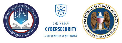 Graphic containing the seal of the National Security Agency, the logo of the UWF Center for Cybersecurity, and the seal of the National Centers for Academic Excellence in Cybersecurity.
