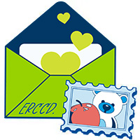An open envelope with a card and heart shapes coming out. A stamp with an apple and teddy bear is displayed in front of the envelope.